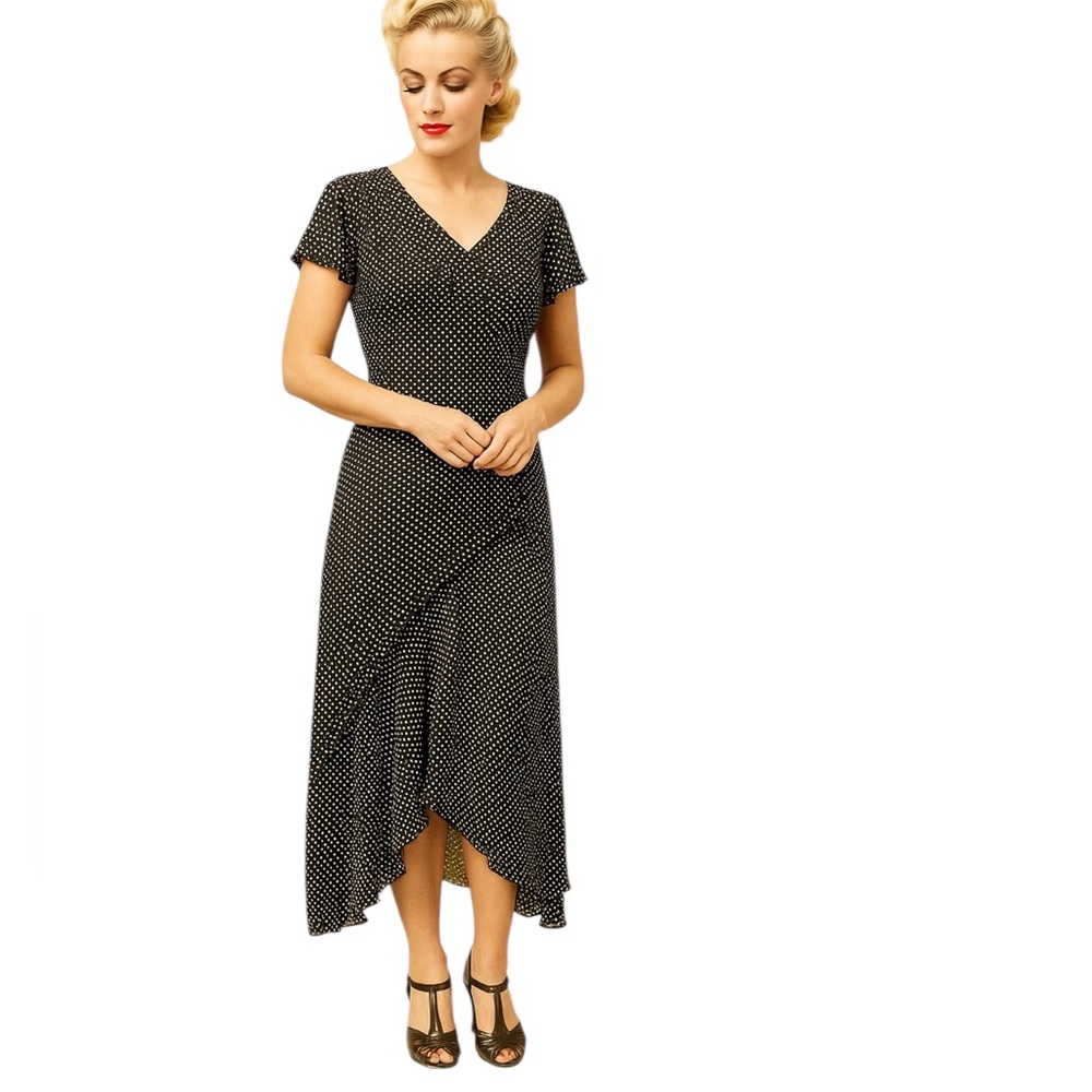 Vintage Adrianna Papell Silk Midi Dress 12 Polka Dots Flowy Retro Office Siren